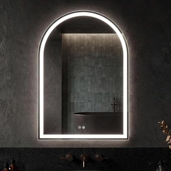 Sweetcrispy 28"×36" LED Bathroom Mirror with Lights, Arched Vanity Mirror with Anti-Fog, Dimmable, 3-Color Light, Memory Function, Tempered Glass