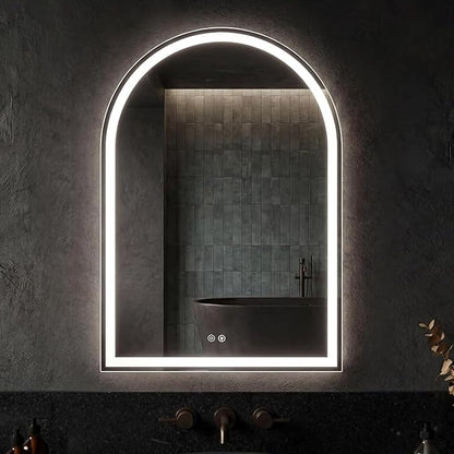 Sweetcrispy 28"×36" LED Bathroom Mirror with Lights, Arched Vanity Mirror with Anti-Fog, Dimmable, 3-Color Light, Memory Function, Tempered Glass
