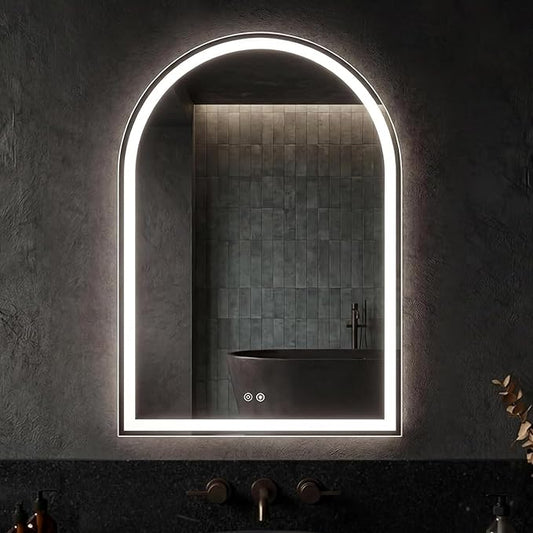 Sweetcrispy 28"×36" LED Bathroom Mirror with Lights, Arched Vanity Mirror with Anti-Fog, Dimmable, 3-Color Light, Memory Function, Tempered Glass