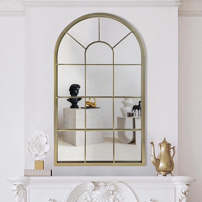 HQiJun Wall Mirror Window Decorative Mirrors Arched Farmhouse for Living Room Bedroom Entryway Bathroom Vanity (Gold, 41.3" x 24" x 1")