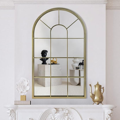 HQiJun Wall Mirror Window Decorative Mirrors Arched Farmhouse for Living Room Bedroom Entryway Bathroom Vanity (Gold, 41.3" x 24" x 1")