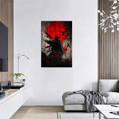 Japanese Samurai Retro Black and Red Atmosphere Asian Samurai Armor Red Moon Poster Canvas Wall Art Prints Bushido Poster Modern Home Decor Framed for Bedroom Living Room Office (12''W x 16''H)