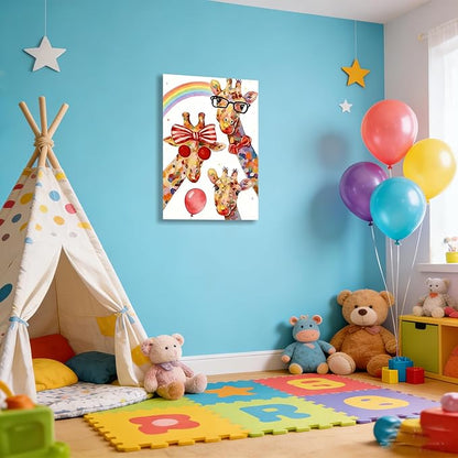 16x24 Inch Graffiti Giraffe Canvas Wall Art - Watercolor Rainbow Giraffe Family Poster with Glasses Balloon - Framed Funny Animal Wall Decor Prints for Kids Bedroom Nursery Bathroom Playroom