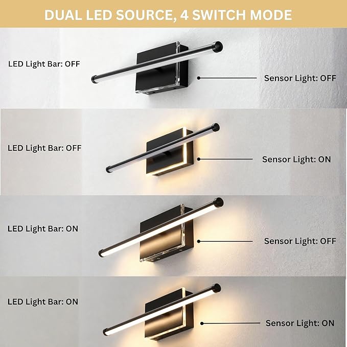 20-Inch Smart LED Vanity Light Bar | Dual Light Source (10W Main/3W Motion Sensor) | 4 Switch Modes (Incl. Night Light) | 3000K, 1040LM, CRI 90+, Dimmable, ETL (Matte Black)