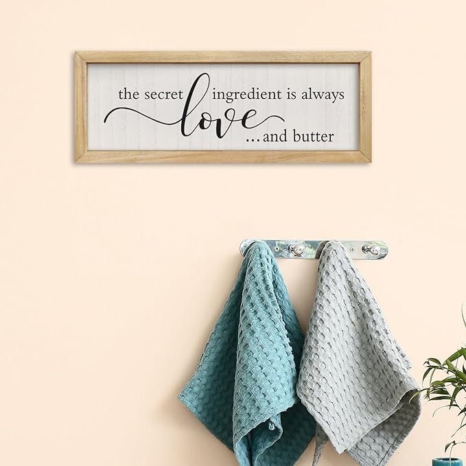 comurdyo Kitchen Wall Decor Simple The Secret Ingredient Is Always Love and Butter Sign 16"×6" Small Modern Farmhouse Dining Room Family Horizontal Hanging Wall Art (Wood)