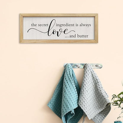 comurdyo Kitchen Wall Decor Simple The Secret Ingredient Is Always Love and Butter Sign 16"×6" Small Modern Farmhouse Dining Room Family Horizontal Hanging Wall Art (Wood)