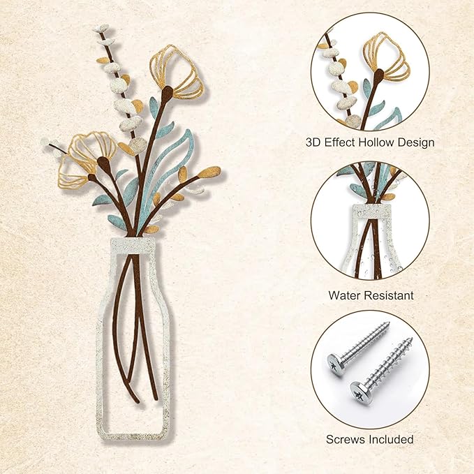 Azure Cantara 3 Pcs Metal Flowers Wall Decor Rustic Farmhouse Decor Beige Minimalist Wall Art Flower Decors for New Home Bathroom Kitchen Living Room Bedroom Housewarming Gifts
