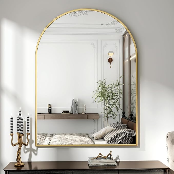 XRAMFY 32"x48" Arched Bathroom Mirror with Aluminum Frame Arched Wall Mounted Vanity Mirror for Entryway, Bedroom, Living Room, Gold