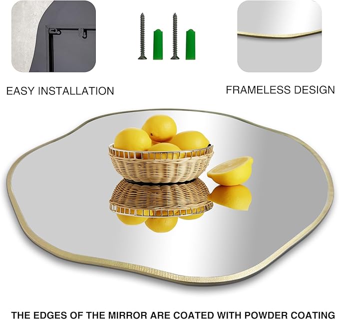 POZINO Gold Irregular Mirror, 30" Scalloped Rounded Mirrors, Asymmetrical Frameless Mirror, Modern Abstract Wall Mirrors for Living Room Bedroom Bathroom Entryway Hallway Fireplace