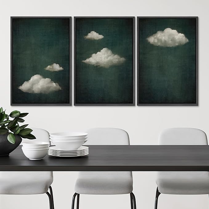SIGNLEADER Framed Canvas Print Wall Art Set Vintage Cloudscape Dreamy Green Sky and Clouds Illustrations Boho Decorative for Living Room, Bedroom, Office - 24"x36"x3 Black