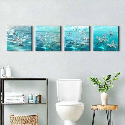 4 Piece Butterfly Wall Art Turquoise Pictures for Bedroom Decor Crystal Butterflies Wall Decor Teal Blue Butterfly Posters Prints Water Scenery Paintings Artwork Living Room Home Decorations 12x12”