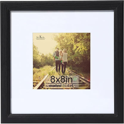 KTKDE 8x8 Picture Frame Real Glass, Display Pictures 4x4 with Mat or 8x8 Without Mat, Modern Style Wood Composite Frame,Black Gallery Wall Frame & Table Top Display，best gift