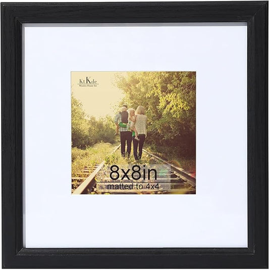 KTKDE 8x8 Picture Frame Real Glass, Display Pictures 4x4 with Mat or 8x8 Without Mat, Modern Style Wood Composite Frame,Black Gallery Wall Frame & Table Top Display，best gift