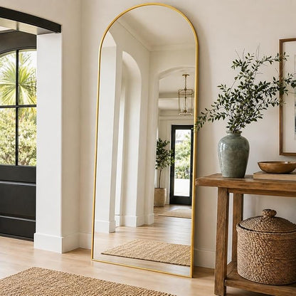 Full Length Mirror, 71"x27" Arched Floor Mirror Freestanding, Floor Standing Full Body Mirror with Stand for Bedroom, Hanging Mounted for Living Room Cloakroom, Gold