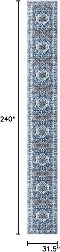 KOZYFLY Runners for Hallways 2.6x20 Ft Extra Long Washable Kitchen Thin Runner Rug Boho Runner Rug for Entryway Indoor Blue Printed Oriental Faux Wool Stair Floor Carpet Runner for Stair Kitchen Hall