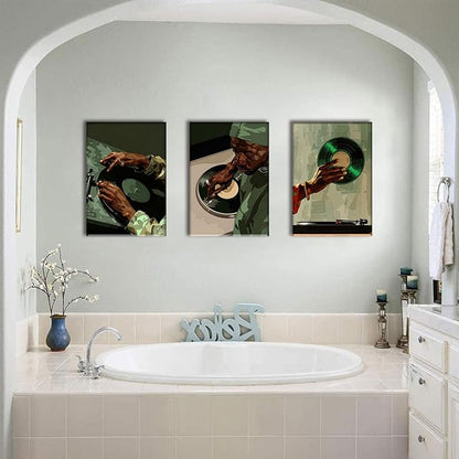AOYUSMO 3 Piece African American Wall Art Black Men Wall Decor Record Canvas Art Fashion Music Pictures Music Studio Paintings Modern Trendy Artwork For Living Room Bedroom