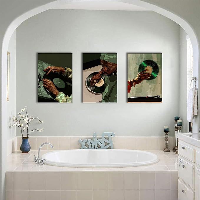 AOYUSMO 3 Piece African American Wall Art Black Men Wall Decor Record Canvas Art Fashion Music Pictures Music Studio Paintings Modern Trendy Artwork For Living Room Bedroom