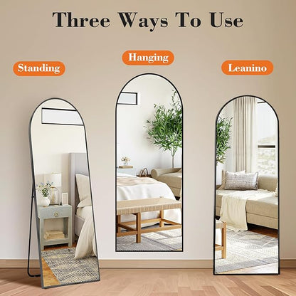 Sweetcrispy 58"x19" Arched Full Length Mirror, Full Body Mirror with Aluminum Alloy Thin Frame, Leaning or Standing, Suitable for Bedroom, Livingroom, Cloakroom, Black