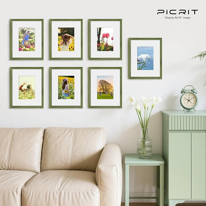 Picrit 8x10 Picture Frame Set of 12, Display 5x7 with Mat or 8x10 without Mat, Photo Frames for Wall Mounting or Table Top Display, Green Wood Grain