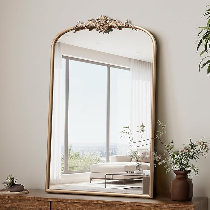 Besdomus Large Antique Wall Mirror: 24"x36" French Arched Champagne Gold Vintage Wall Mounted Mirror - Traditional Ornate Home Decor for Entryway/Bedroom/Bathroom - Baroque Idea for Housewife