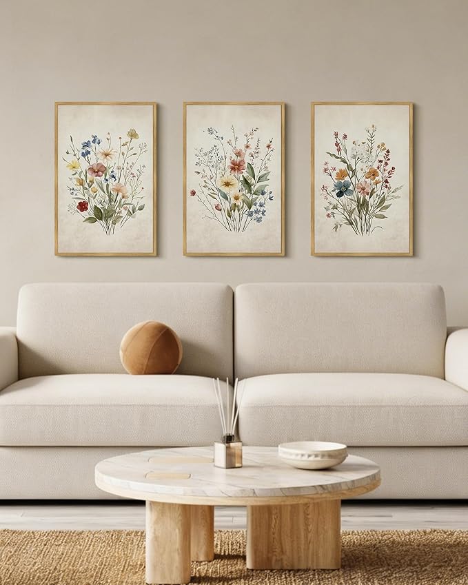 Drsoum Vintage Flower Bouquet Framed Retro Wildflower Botanical Pictures Prints Modern Colorful Floral Rustic Artwork Bedroom Living Room Ready to Hang 16x24in Natural Framed