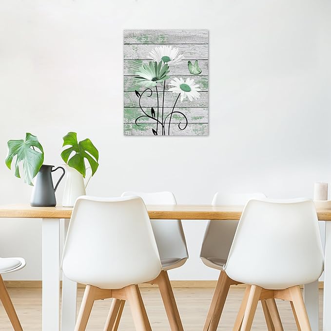 HVEST Country Green Floral Wall Art for Living Room Daisy Flower with Butterfly on Vintage Wood Canvas Wall Art Rustic Farmhouse Wildflower Pictures for Bathroom Bedroom Wall Decor,24L X 16W Inches