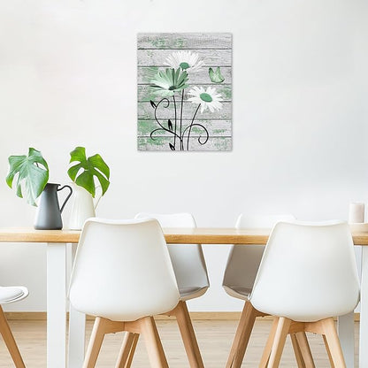 HVEST Country Green Floral Wall Art for Living Room Daisy Flower with Butterfly on Vintage Wood Canvas Wall Art Rustic Farmhouse Wildflower Pictures for Bathroom Bedroom Wall Decor,20L X 16W Inches