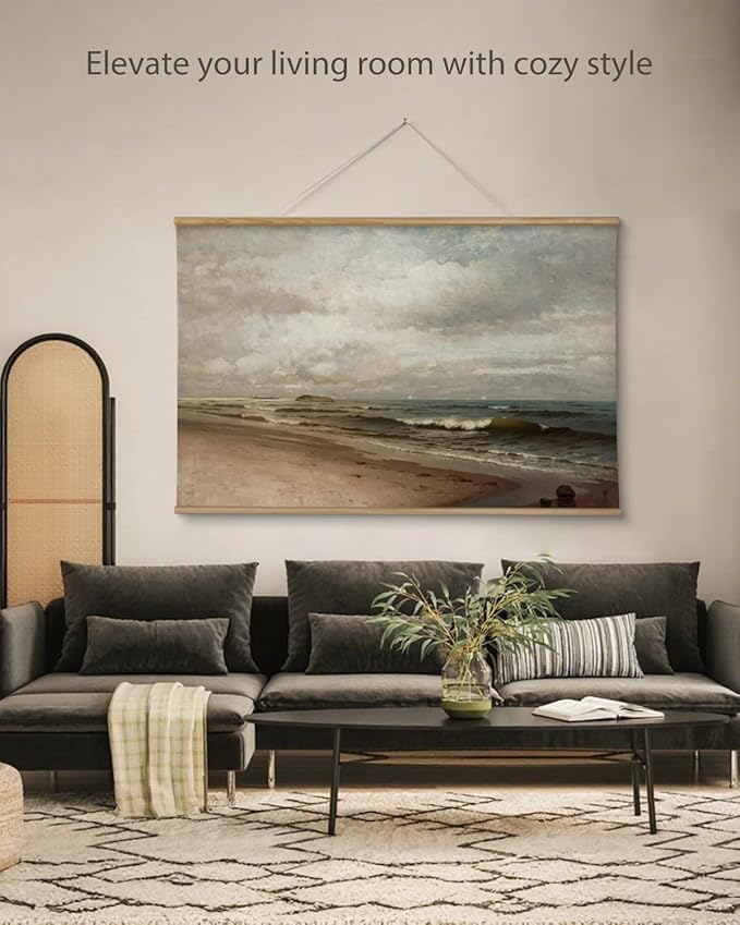 ARPEOTCY Extra Large Vintage Framed Wall Art, 36x54 Inch Coastal Ocean Beach Seascape Hanging Canvas Prints Scroll Wall Art Decor for Living Room Bedroom, Retro Scenery Pictures Above of Bed