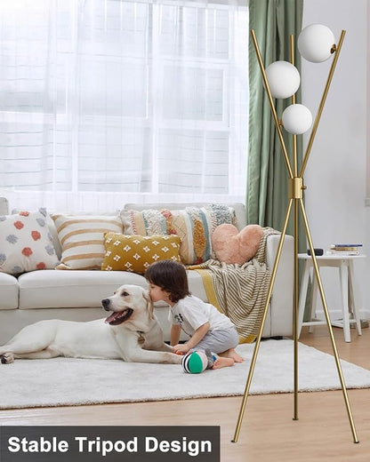 3 Globe Dimmable Tripod Floor Lamp, Mid Century Standing Lamps with 3Pcs 3000K Bulbs Included, Modern Tall Lamp for Living Room Bedroom Office-Gold