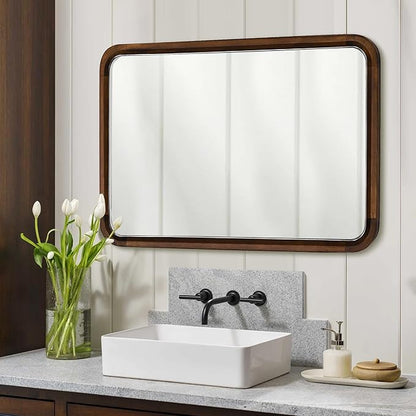 Wood Bathroom Mirror for Wall,Rectangle 24 x 36 inch Hanging Vanity Brown Tempered Mirrors with Rounded Corner for Living Room,Bedroom,Entryway (Walnut, 24x36 Inch)