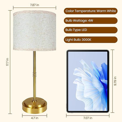 AWOKE 17.7" Large Cordless Table Lamps Set of 2,7500mAh Rechargeable Battery Operated Nightstand Light, Stepless Dimmable 3000K Fabric Shade Desk Lamp for Bedroom & Living Room (Brass)