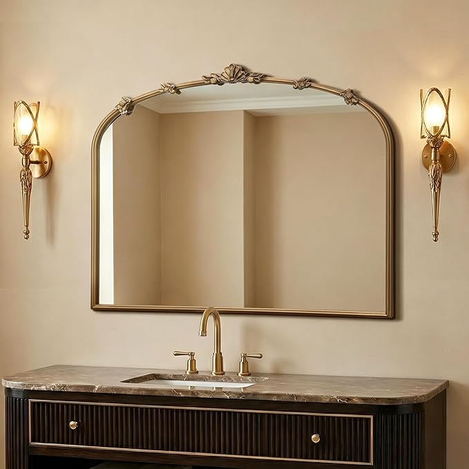 Besdomus Vintage Gold Arched Mirror: 36"x29" Traditional Ornate Antique Mirror - French Baroque Decorative for Wall/Mantel/Bedroom/Entryway/Bathroom/Hallway - Home Decor for Fashion-Conscious