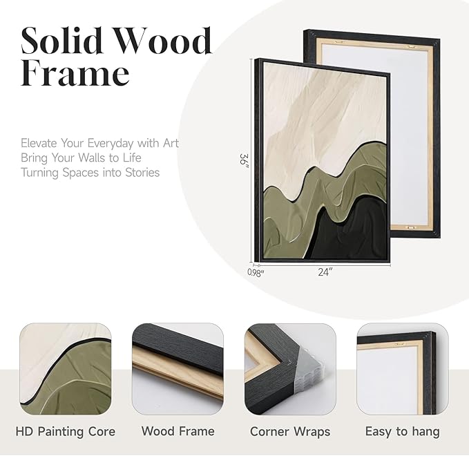 Framed Green Abstract Wall Art for Living Room, 3 Piece Large Neutral Black and Beige Artwork for Walls, Modern Minimalist Abstract Canvas Prints Paintings for Bedroom Home Office Wall Decor, 24x36 In