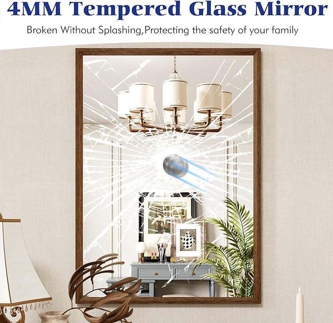 JISOSO Rectangle Bathroom Mirror 30x36 Inch, Walnut Wood Grain Framed, Anti-Rust & 4mm Tempered Glass, Horizontal/Vertical Hanging Vanity Mirror for Bathroom & Bedroom