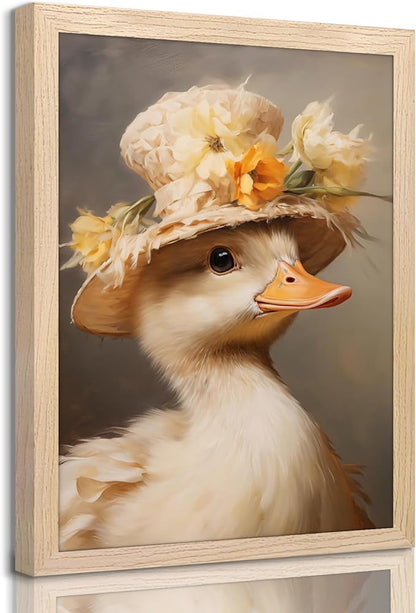 Framed Duck Canvas Wall Art, Vintage Cute Duck Pictures Kitchen Wall Decor, Cottagecore Animal Paintings Prints, Country Aesthetic Artwork for Living Room Bathroom Bedroom Nursery 8x10 inch