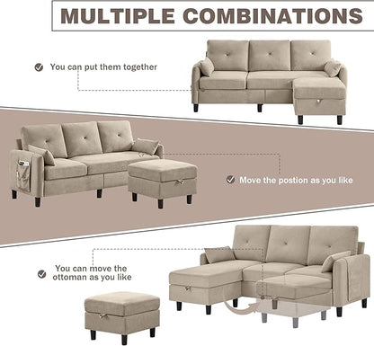Convertible Sectional Sofa, 77" Small L Shaped 3 Seat Couch with Reversible Storage Chaise, Modern Polyester Fabric Sofa Couches for Living Room, Apartment and Small Space, Beige