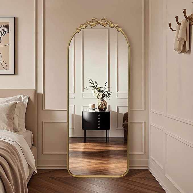 Besdomus Arched Mirror Full Length: 21"x56" French Bow Gold Floor Dressing Mirror - Antique Baroque Traditional Ornate Standing for Entryway/Cloakroom/Bedroom - Home Decor for Fashion-Conscious