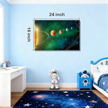 16x24 inches Framed Solar System Space Canvas Wall Art Green Galaxy Planets Astronomical Decor Kids Bedroom Cosmic Wall Pictures Teen Boy Room Universe Poster Child Office Study Room Prints