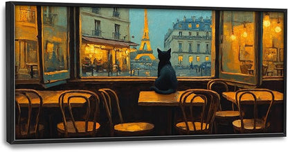 Eiffel Tower Large Wall Art for Living Room France Paris City Street Framed Canvas Decor Cat Prints Painting Pictures Extra Large Modern Artwork for Kitchen Bedroom Bathroom Home Decorations 30"x60"