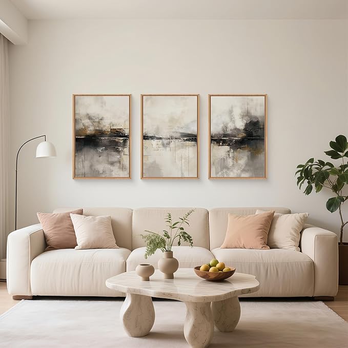 HOURIA Large Abstract Neutral Beige & Black Framed Canvas Wall Art Set,Modern Minimalist Brown Wall Decor,Textured Gray Tan Illustrations Artwork for Living Room, Bedroom, Farmhouse- 24"x36"x3