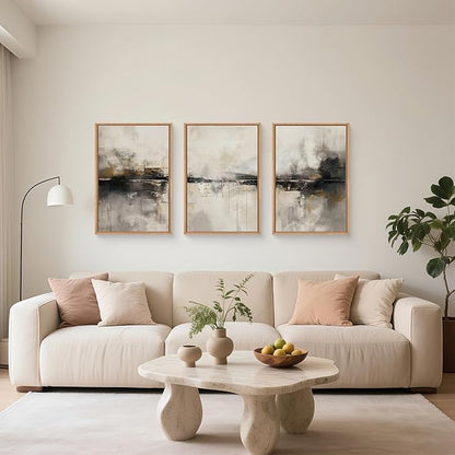 HOURIA Large Abstract Neutral Beige & Black Framed Canvas Wall Art Set,Modern Minimalist Brown Wall Decor,Textured Gray Tan Illustrations Artwork for Living Room, Bedroom, Farmhouse- 16"x24"x3