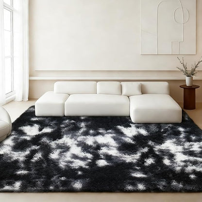 6x9 Rugs for Living Room, Rugs for Bedroom, Plush Fluffy Carpet, Non-Slip Upgrade Black White Grey Rug, Suitable for Kids Home Decor Aesthetics Dorm.