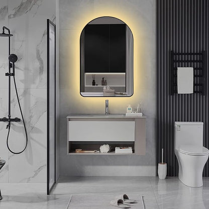 Niccy Arched LED Lighted Bathroom Mirror, 32x20 Inch Backlit Vanity Bathroom Mirror with Lights Brushed Black Framed Wall Mounted Mirrors with 3 Color Shatterproof Arch Smart Fog Free Mirror