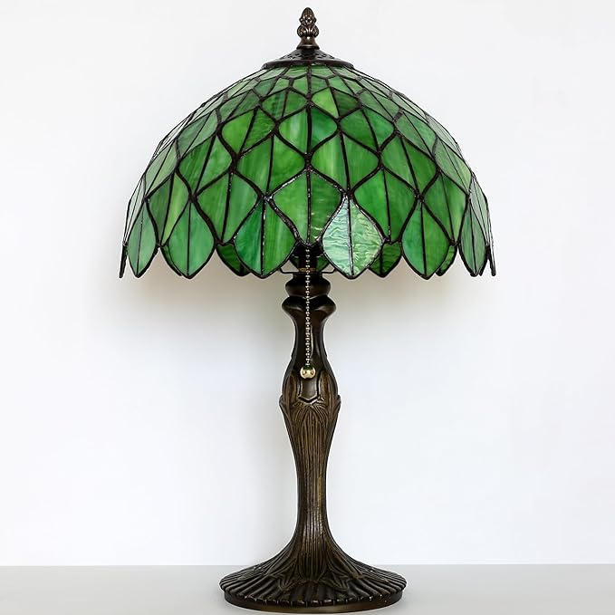 Tiffany Lamp Stained Glass Table Lamp 12 x 19” Green Maple Leaf Style Decorative Lamp Bedside Reading Light for Desk Living Room Bedroom Office Study Light Home Decor Gift