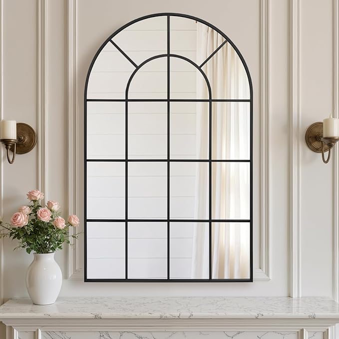Anpark Arched Windowpane Wall Mirror 30"x48" Black Wall Mounted Art Pane Mirror Farmhouse Decorative Mirror Leaning Hanging Wall Mirror for Bedroom Living Room Entrance Hallway Wall Decor