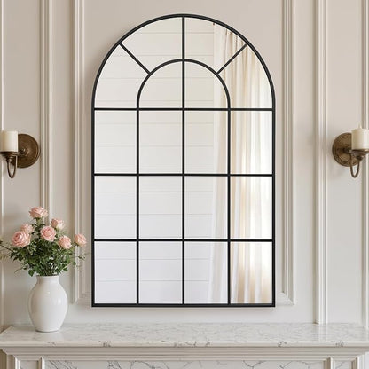 Anpark Arched Windowpane Wall Mirror 30"x48" Black Wall Mounted Art Pane Mirror Farmhouse Decorative Mirror Leaning Hanging Wall Mirror for Bedroom Living Room Entrance Hallway Wall Decor