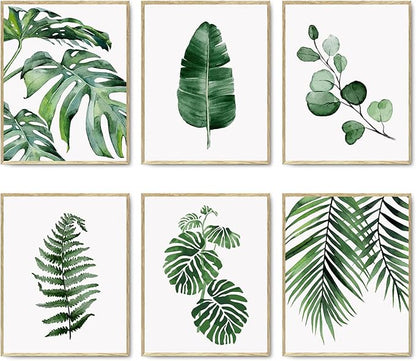 HoozGee Botanical Wall Art Prints Set of 6 Tropical Leaves Canvas Decor Plant Leaf Boho Wall Decor Pictures Green Boho Posters Art Set Bathroom Wall Art Poster (11"x14" UNFRAMED)