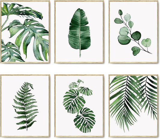 HoozGee Botanical Wall Art Prints Set of 6 Tropical Leaves Canvas Decor Plant Leaf Boho Wall Decor Pictures Green Boho Posters Art Set Bathroom Wall Art Poster (11"x14" UNFRAMED)
