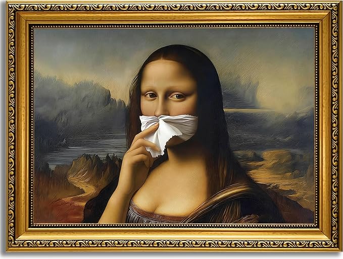 YD&YZY Gold Framed Funny Bathroom Wall Art Mona Lisa Humor Amusing Toilet Art Pinching Nose Wall Decor Vintage Unique Art Painting Picture Print Whimsical Artwork Bathroom Restroom 12x16 inch Framed