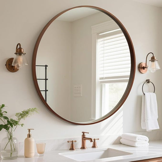 WallBeyond Round Wood Mirror, 36" Round Modern Decoration Large Circle Wall Mirror for Bathroom Living Room Bedroom Entryway, Walnut